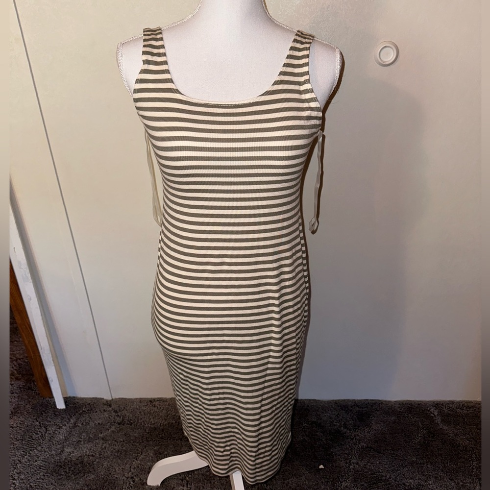 New Hyfve large ribbed cream dress with olive stripes